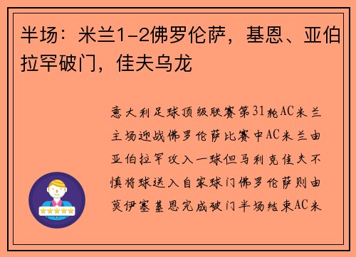 半场：米兰1-2佛罗伦萨，基恩、亚伯拉罕破门，佳夫乌龙
