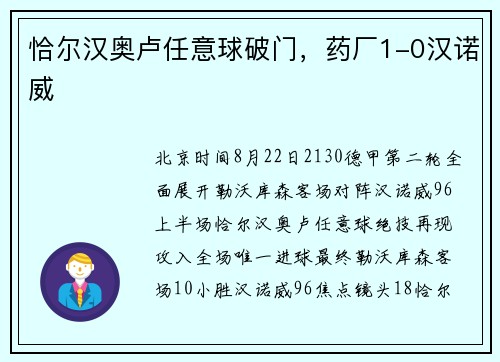恰尔汉奥卢任意球破门，药厂1-0汉诺威